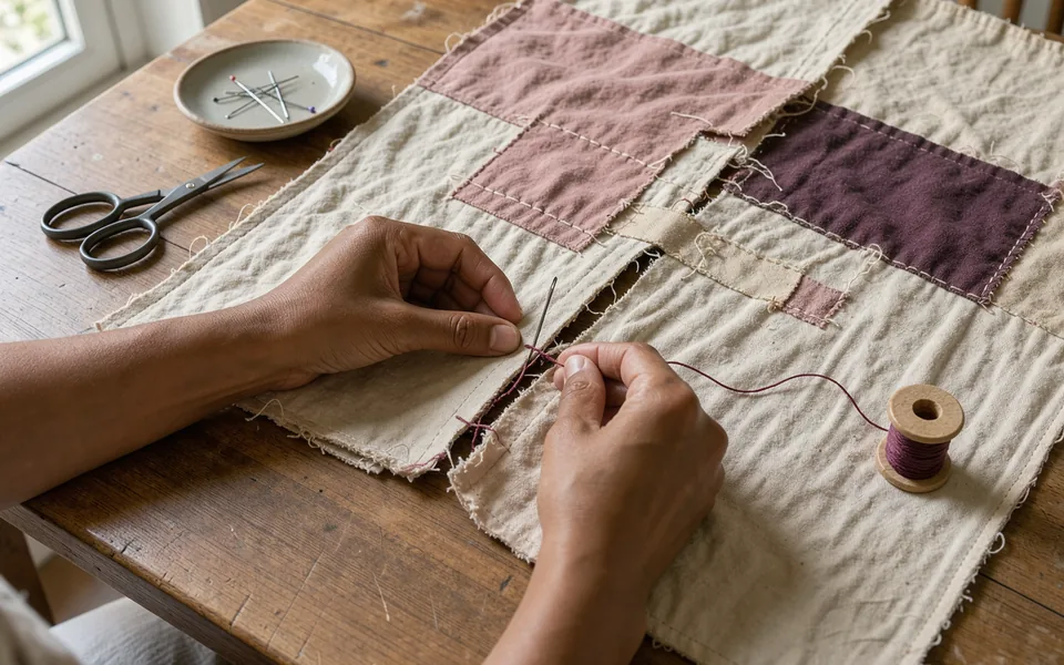 Hands repairing a cream and plum quilt on a broad wooden table