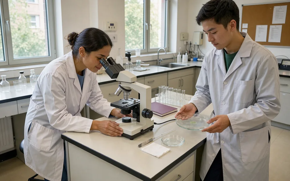 Two laboratory workers examining a clear gel sample beside a microscope