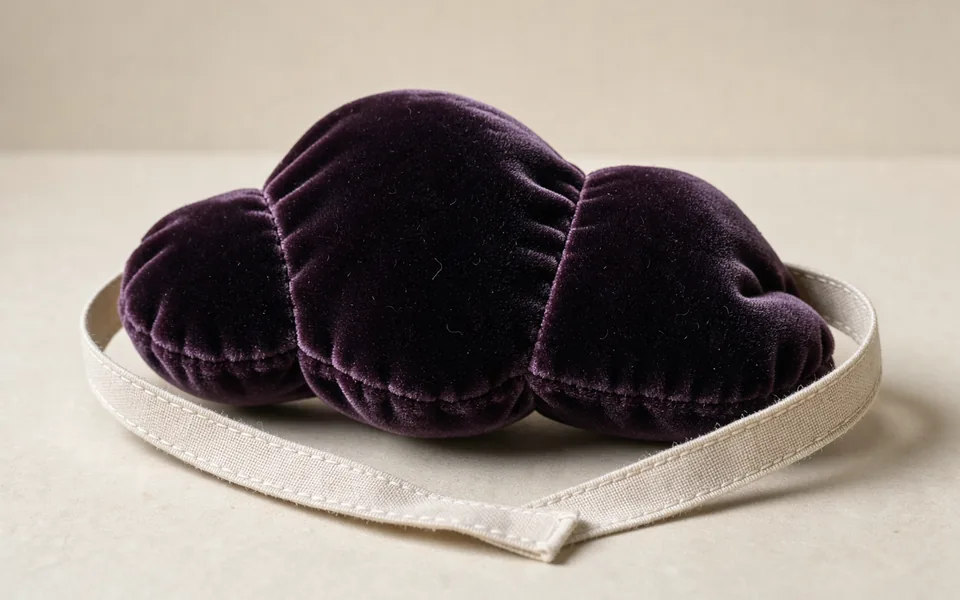 A plum fabric actin model held at both ends by a pale ribbon